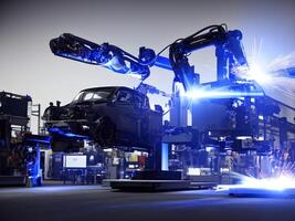 Modern High Tech Industrial Robotic arm on the factory production line production line is being welded. . photo
