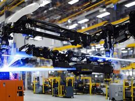 Modern High Tech Industrial Robotic arm on the factory production line production line is being welded. . photo