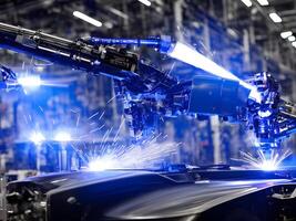 Modern High Tech Industrial Robotic arm on the factory production line production line is being welded. . photo