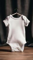 Mockup of white baby bodysuit on dark background. illustration. photo