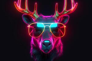 Neon cyberpunk reindeer portrait with sunglasses Christmas holiday photo