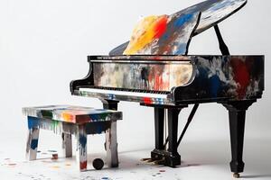 A piano and guitar with music on a white background topped with paint on the piano. photo