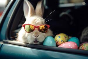 Easter Bunny With Shades Peeking Out Of Eggfilled Car. photo