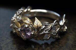 Gold And White Gold Engagement Ring With Diamond Stones Small Branches And Leaves And Amethyst. photo