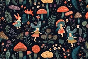 Illustration of fairies flowers and mushrooms on a black background in an est seamless pattern. photo
