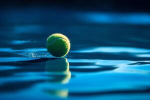 Tennis ball in motion blur on blue court. photo