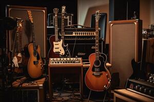 Stage instruments in a music recording studio. photo