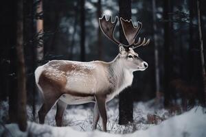 hermosa reno en pie en oscuro Nevado bosque claro Navidad fiesta ai generado foto