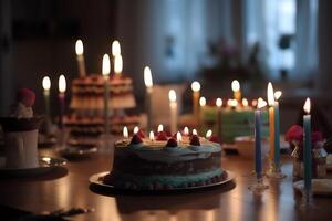 borroso antecedentes comida habitación con cumpleaños pastel y velas ai generado foto