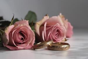 Pink Roses Ribbon Two Golden Rings On White Background photo