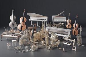 3D rendered orchestra instruments against a grey background. photo