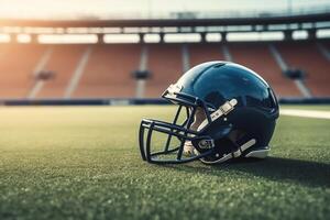 American football helmet on stadium field background. photo