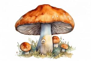 Hand drawn isolated champignon mushroom illustration in watercolor. photo