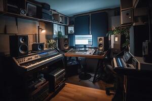 Home recording studio equipped with instruments microphones mixing equipment and audio mastering technology. photo