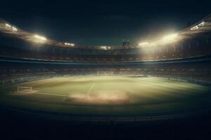 Nighttime stadium backdrop featuring football and cricket with blurred 3D lighting. photo