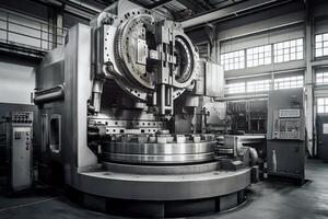 moderno metal industrial maquinaria con acero detalles ilustrado en un contemporáneo fábrica edificio. ai generado foto