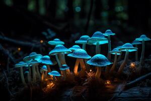 Psychedelic bioluminescent mushrooms. photo