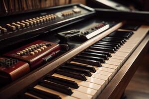 Musical instruments include acoustic or digital instruments and black and white piano keys keyboard. photo