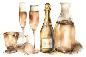 Watercolor Handdrawn Champagne Set With Clip Art Illustrations. photo
