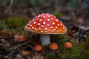 Vibrant red with white spots the red cap mushroom is both psychedelic and poisonous. photo