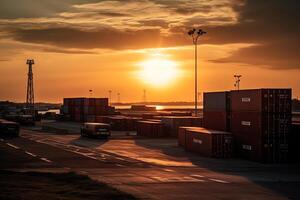 Storage At Port With Containers At Sunset. photo