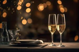 Blurred Backdrop Featuring Two Champagne Glasses On A Table. photo