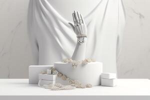 3d representación de elegante mano mostrando joyería en blanco podio ai generado foto