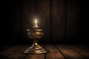 Illustrated 3d Antique Brass Candle Holder With Lit Candlestick On Dark Wooden Backdrop photo