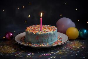 A Birthday Cake With Multicolored Icing And Lit Candles Confetti And Sprinkles On Plate photo