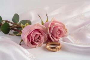 Pink Roses Ribbon Two Golden Rings On White Background photo