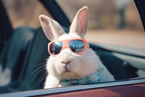 Easter Bunny In Car Wearing Sunglasses. photo