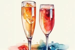 2 Glasses Champagne Watercolor Drink Illustration. photo