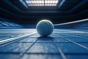 Blue tennis court with 3D rendering of a tennis ball on the line. photo