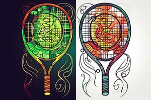 Illustration of tennis rackets with logos for sports team tournament equipment icon and coloring page with line art. photo