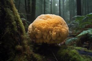 The beautiful and radiant giant mushroom Hericium erinaceus is the rare edible lions mane. photo