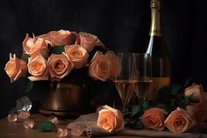 Valentines Day Pink Peach Roses And Champagne. photo