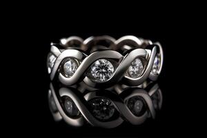 Interwoven Solitaire Diamond Engagement And Eternity Wedding Band On Black Background photo