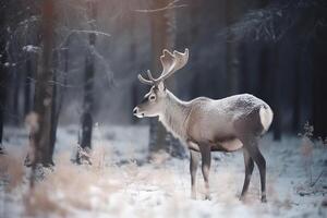 Magical reindeer lost in snowy forest Christmas holiday photo