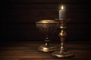 ilustrado 3d antiguo latón vela poseedor con iluminado candelero en oscuro de madera fondo ai generado foto