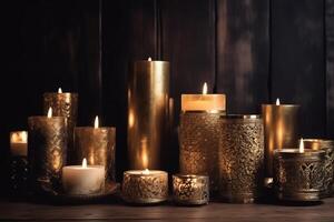 Golden Decorated Candles On Wooden Table photo