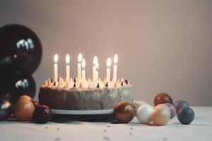 cumpleaños pastel bandera con velas en neutral antecedentes ai generado foto