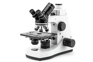 un laboratorio análisis herramienta un microscopio con un 3d ilustración es aislado en un blanco antecedentes. ai generado foto