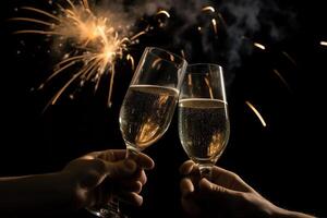 Champagne Glasses Clink Amid Fireworks. photo