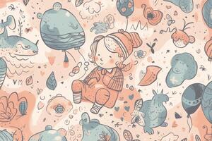 A seamless pattern with lovely hand drawn baby illustrations and est paintings. photo