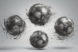 alto resolución conjunto bocetos y 3d ilustraciones de un fútbol pelota con partículas ai generado foto