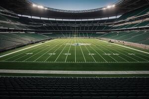 verde campo juego Listo a centro del campo en un americano fútbol americano estadio. ai generado foto