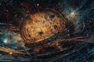 Neural network art depicts the view from the airplane cockpit during intergalactic travel or a spaceship battle. photo