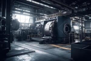 Modern metal industrial machinery with steel details illustrated in a contemporary factory building. photo