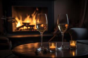 Two Champagne Glasses On A Glass Table In Front Of A Cozy Fireplace With Fire. photo