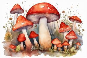 Watercolor mushrooms including border toadstool and red flyagaric mushrooms. photo